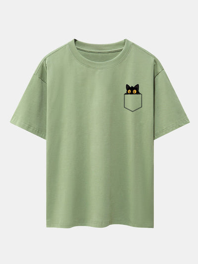 Pocket Black Cat Print Drop Shoulder Oversize T-Shirt