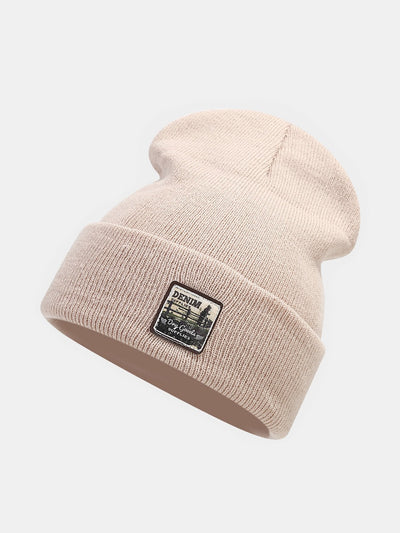 Solid Color Slogan Patch Knit Beanie Hat