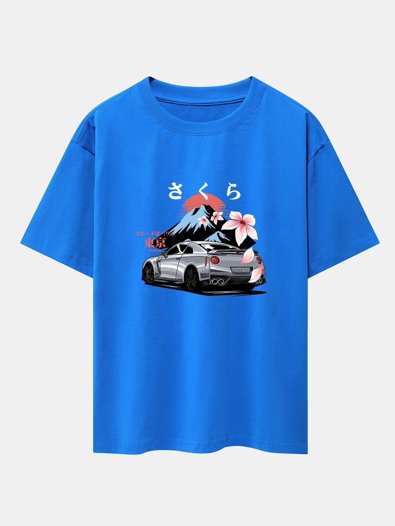 Tokyo Cherry Blossoms Car Print Drop Shoulder Oversize T-Shirt