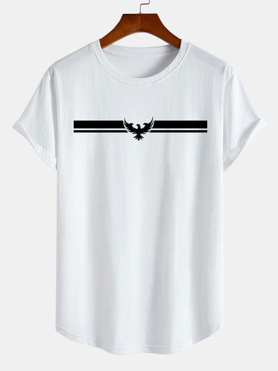 Striped Eagle Print Cotton Arc Hem T-Shirt