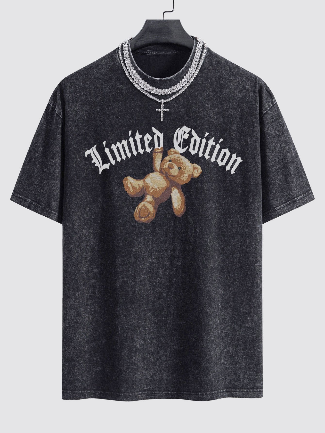 Slogan Bear Print Washed Drop Shoulder Oversize T-Shirt
