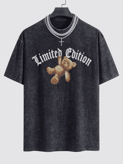 Slogan Bear Print Washed Drop Shoulder Oversize T-Shirt