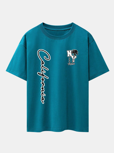 New York California Palm Tree Print Drop Shoulder Oversize T-Shirt