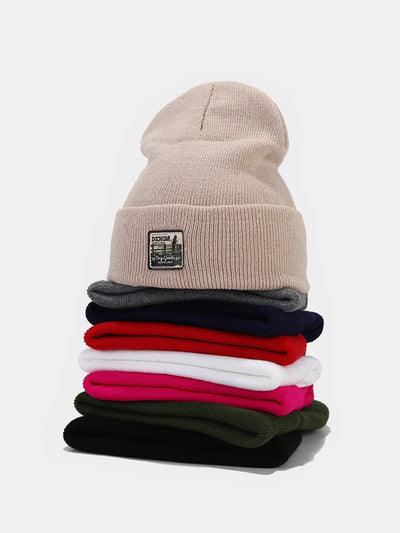 Solid Color Slogan Patch Knit Beanie Hat