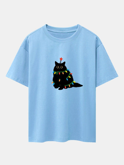 Christmas Lights Black Cat Print Drop Shoulder Oversize T-Shirt
