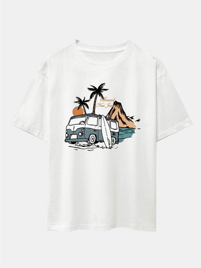 Car Island Print Drop Shoulder Oversize T-Shirt