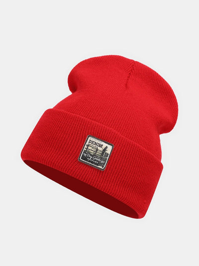 Solid Color Slogan Patch Knit Beanie Hat