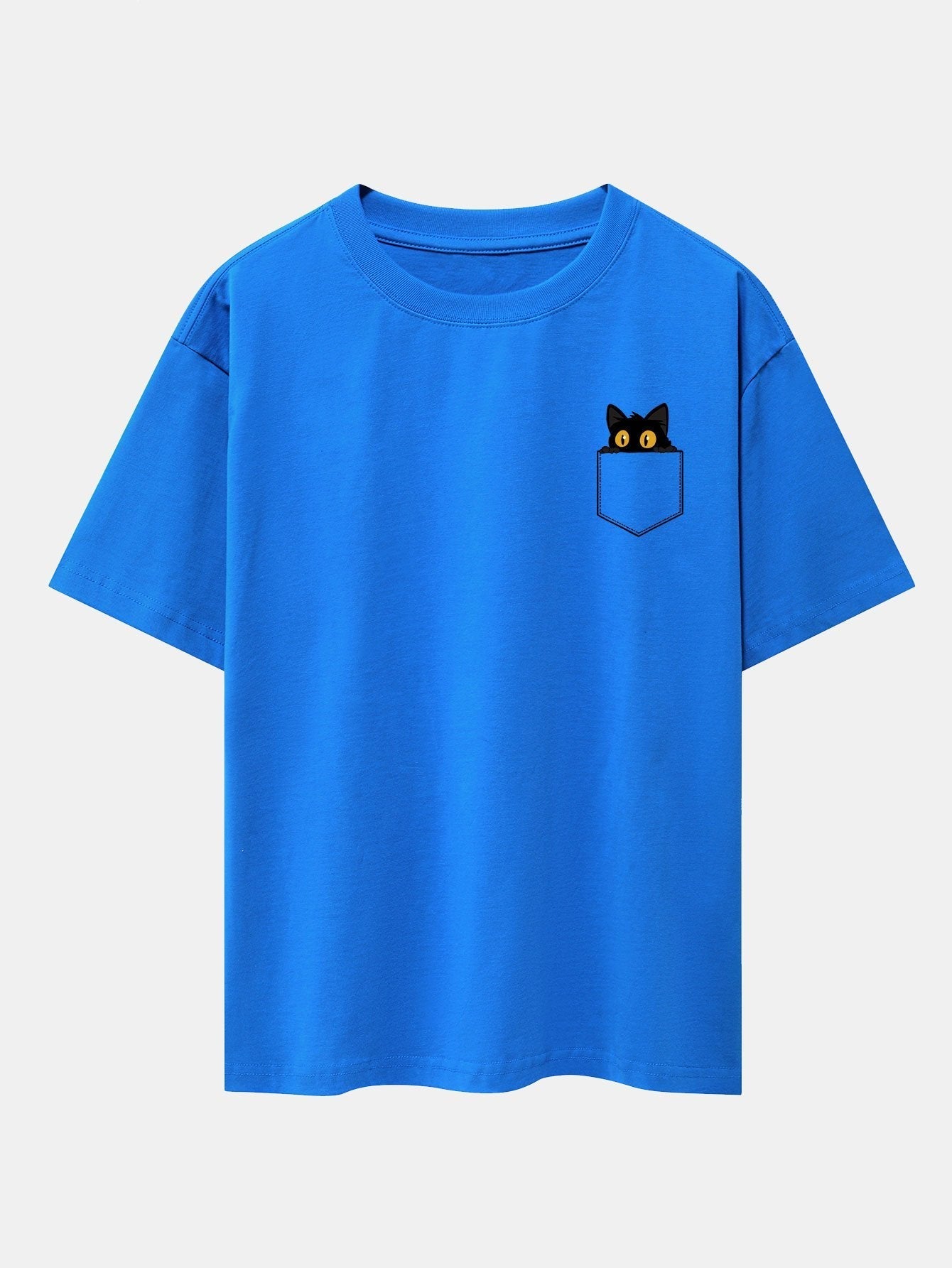 Pocket Black Cat Print Drop Shoulder Oversize T-Shirt
