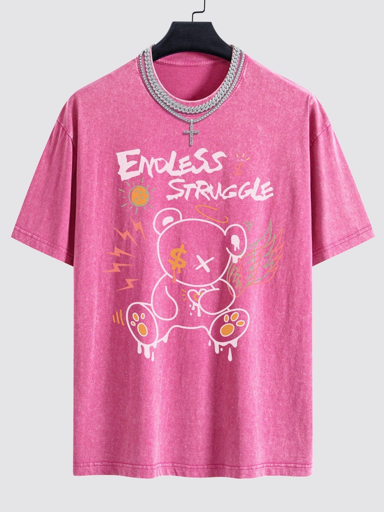Graffiti Bear Print Washed Drop Shoulder Oversize T-Shirt