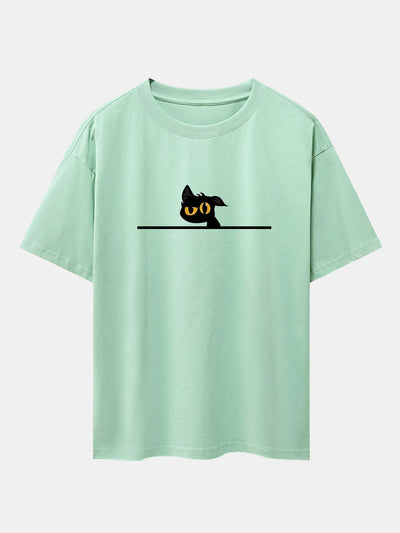 Black Cat In Doubt Print Drop Shoulder Oversize T-Shirt