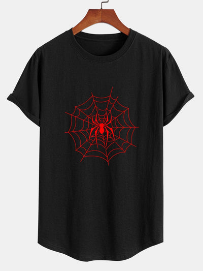 Spider Print Cotton Arc Hem T-Shirt