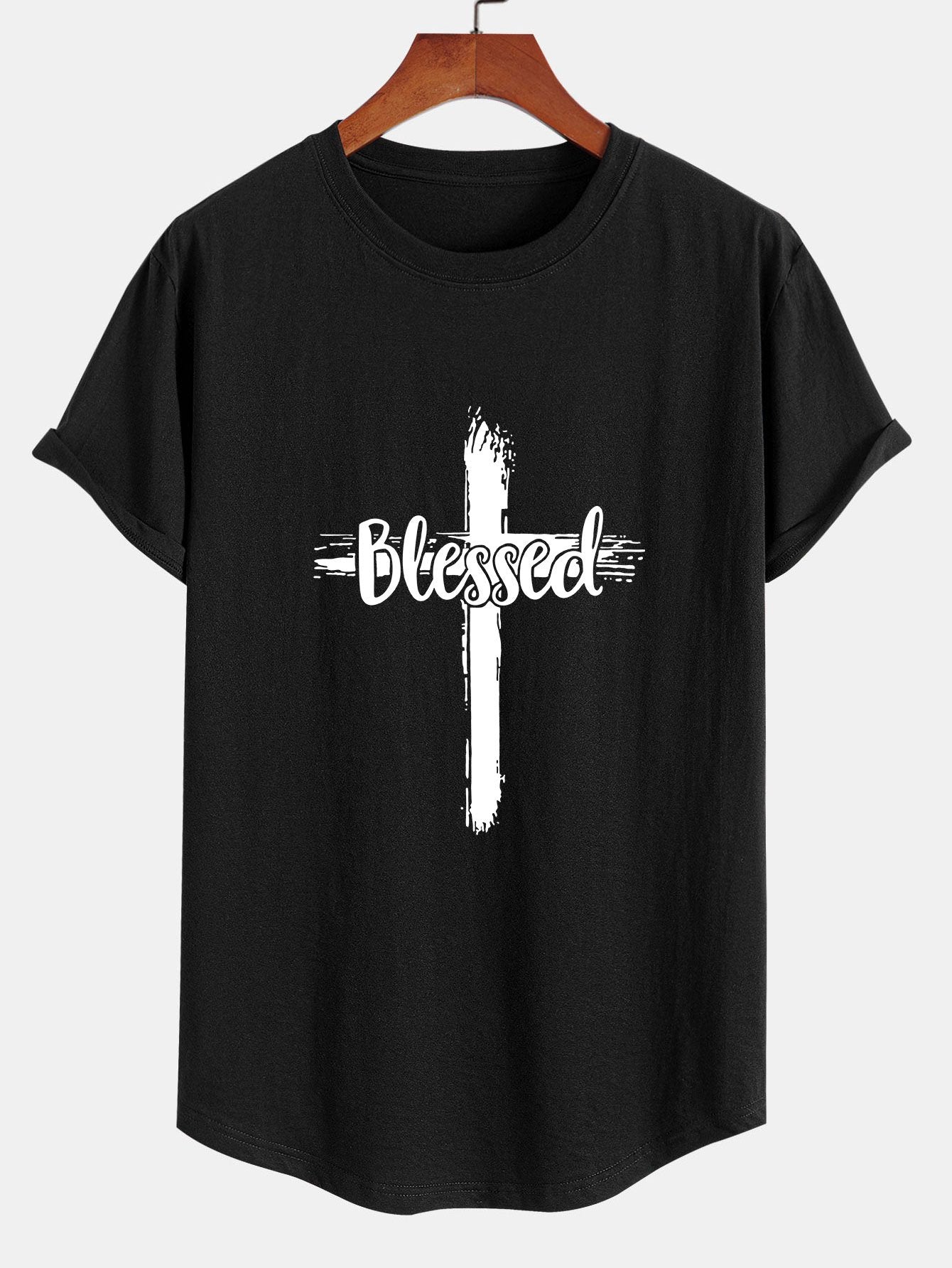 Blessed Cross Print Cotton Arc Hem T-Shirt