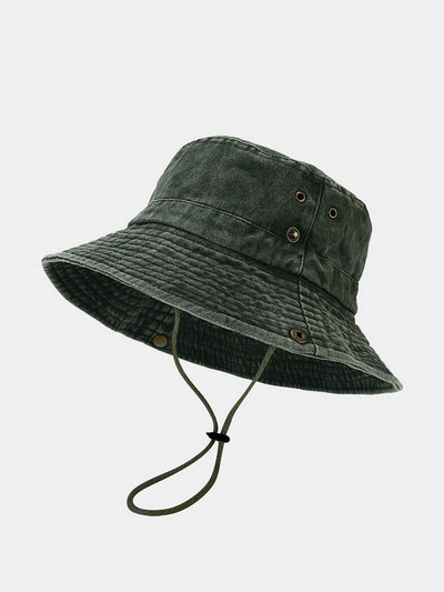 Washed Distressed Bucket Hat With Chin Strap