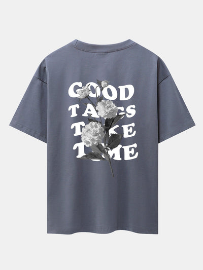 Flower Slogan Back Print Drop Shoulder Oversize T-Shirt