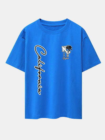 New York California Palm Tree Print Drop Shoulder Oversize T-Shirt