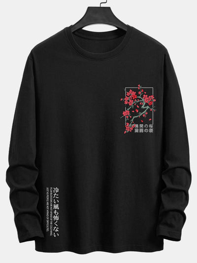 Long Sleeve Cherry Blossom Slogan Print Cotton T-Shirt