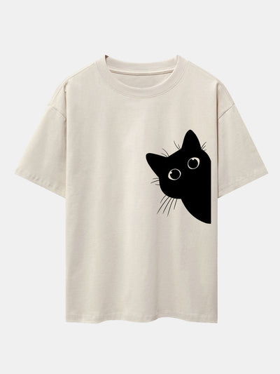 Black Cat Print Drop Shoulder Oversize T-Shirt