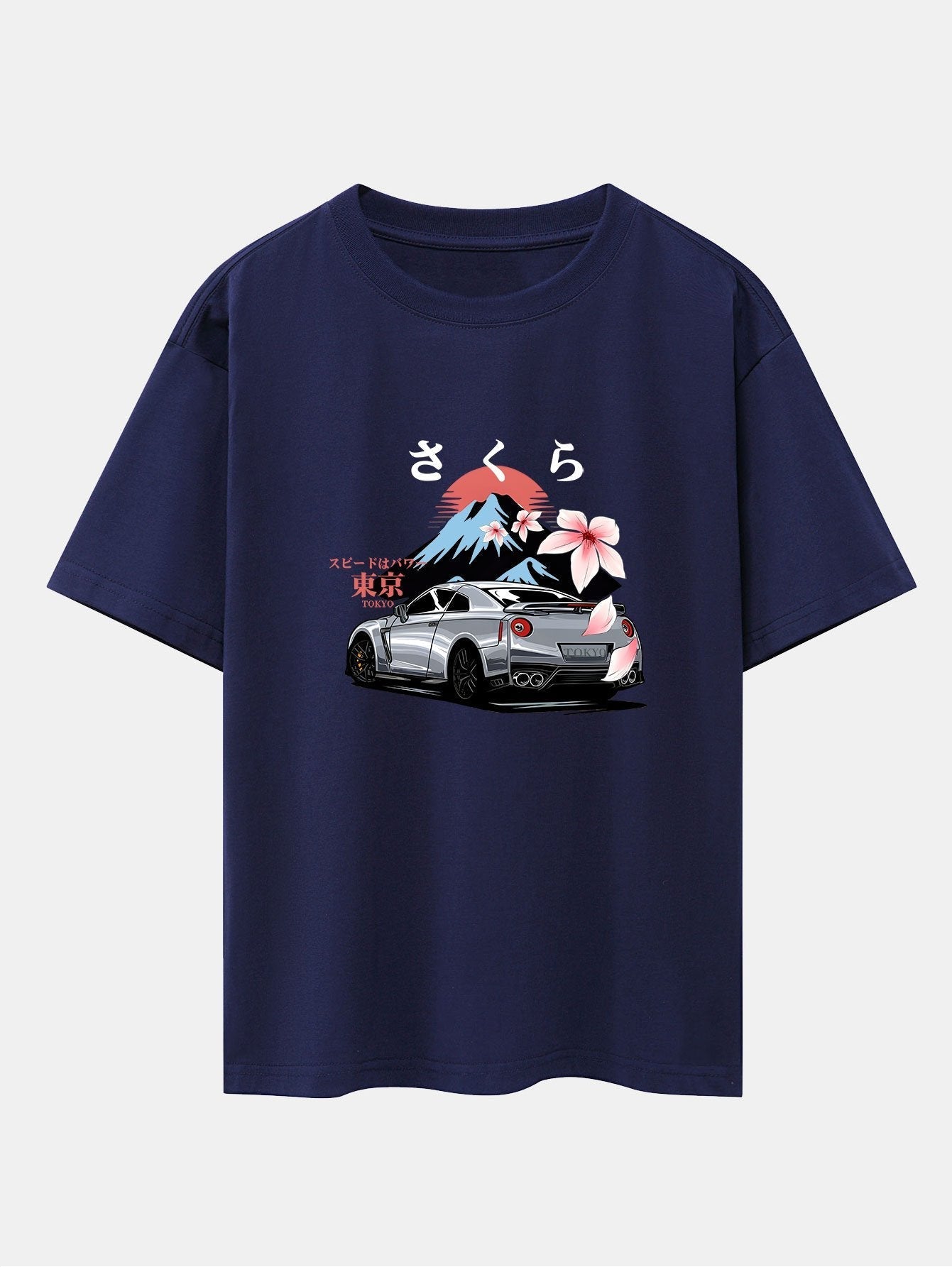 Tokyo Cherry Blossoms Car Print Drop Shoulder Oversize T-Shirt