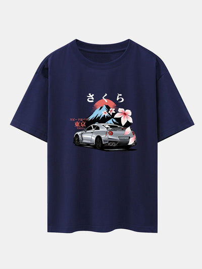 Tokyo Cherry Blossoms Car Print Drop Shoulder Oversize T-Shirt