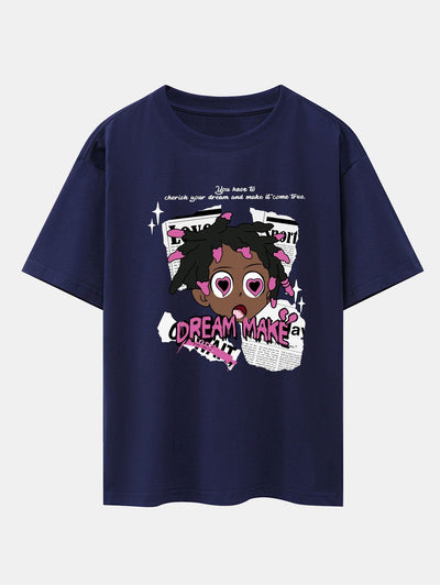 Cartoon Character Newspaper Print Drop Shoulder Oversize T-Shirt