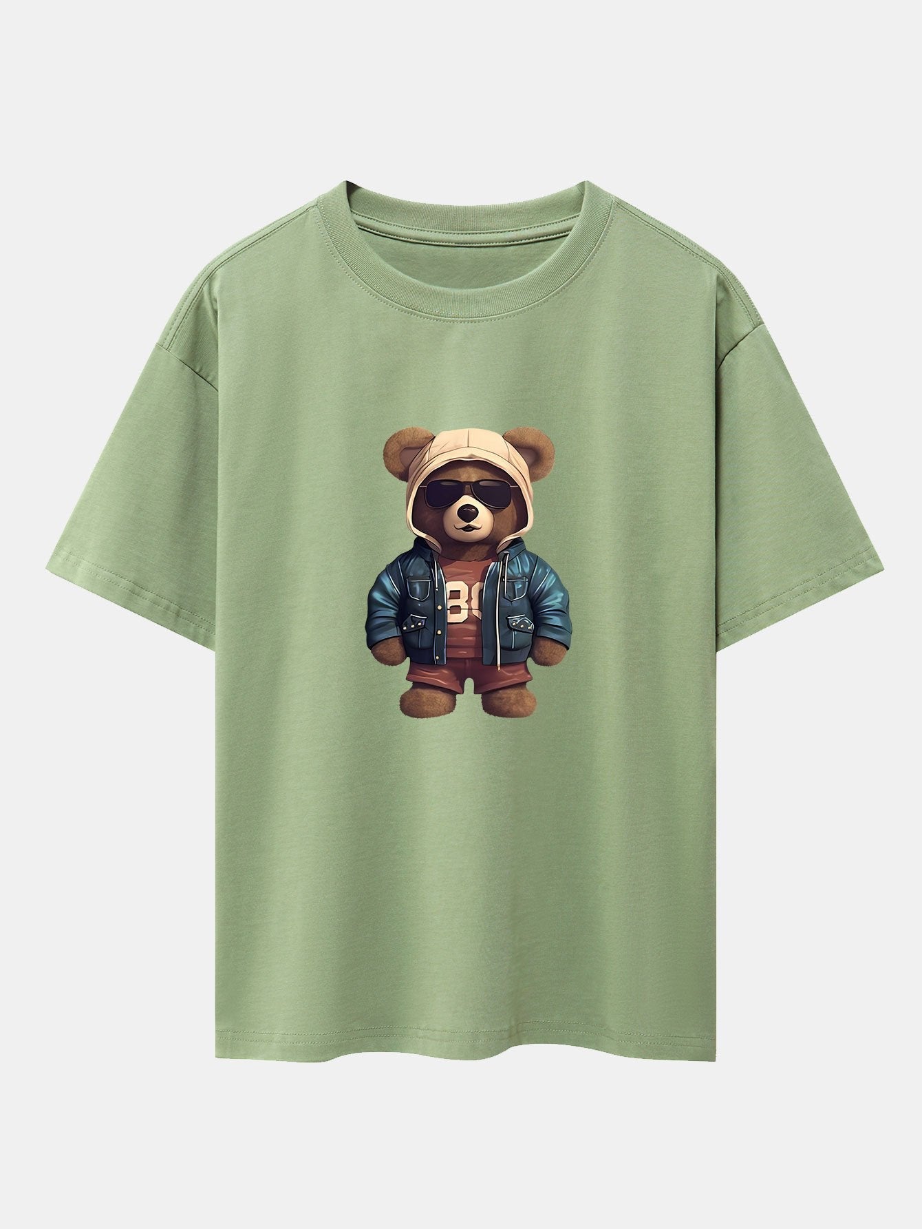 Bear In Leather Jacket Print Drop Shoulder Oversize T-Shirt