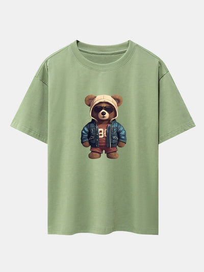 Bear In Leather Jacket Print Drop Shoulder Oversize T-Shirt