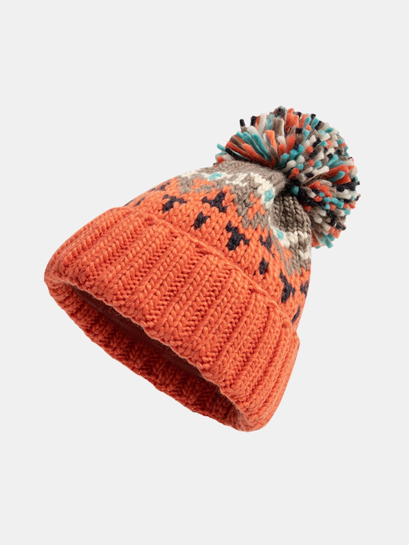 Geometric Pattern Knit Beanie Hat With Pom Pom