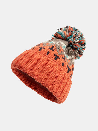 Geometric Pattern Knit Beanie Hat With Pom Pom