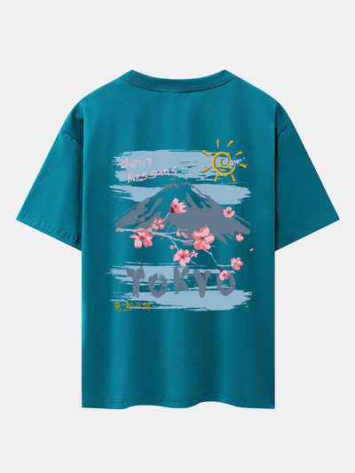 Mountain Cherry Blossoms Back Print Oversize T-Shirt
