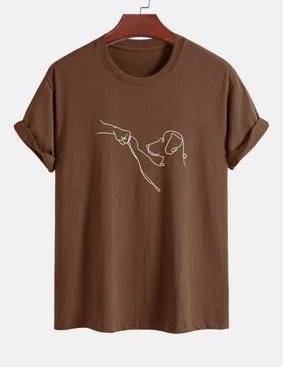 Regular Fit Dog Line Drawing Print Cotton T-Shirt