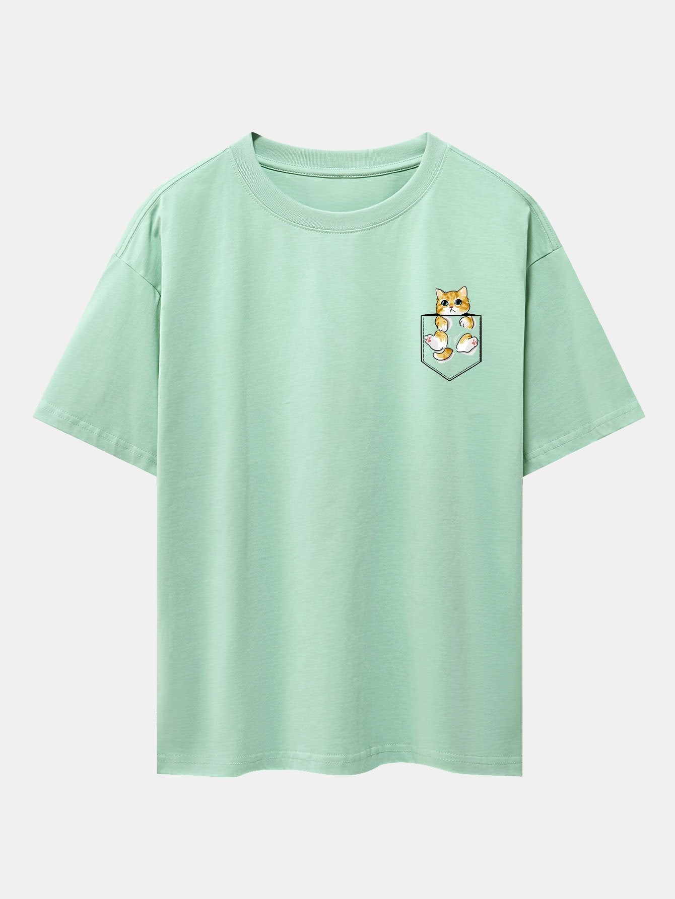 Pocket Cat Print Drop Shoulder Oversize T-Shirt