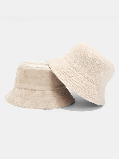 Double Side Reversible Faux Suede Plush Bucket Hat