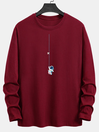Long Sleeve Astronaut On A Rope Print Cotton T-Shirt