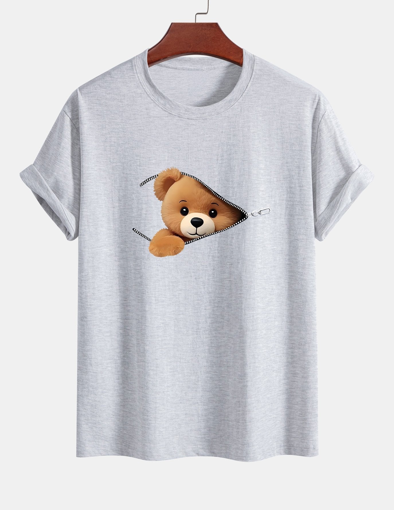Regular Fit Zipper Bear Print Cotton T-Shirt