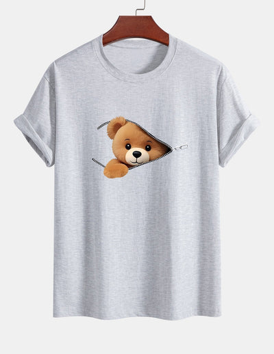 Regular Fit Zipper Bear Print Cotton T-Shirt