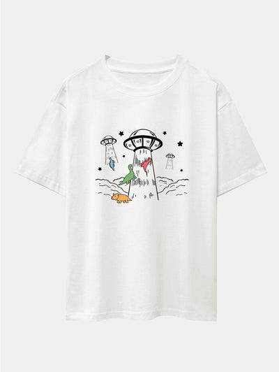 UFO Take Away Dinosaurs Print Drop Shoulder Oversize T-Shirt