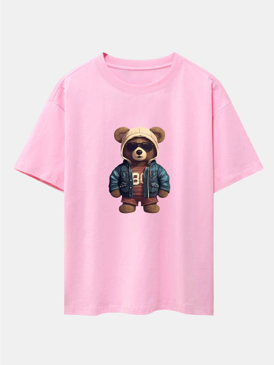 Bear In Leather Jacket Print Drop Shoulder Oversize T-Shirt