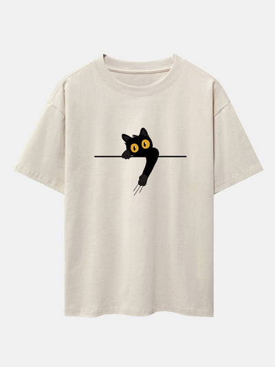 Black Cat Print Drop Shoulder Oversize T-Shirt
