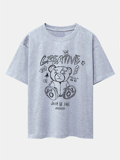 Graffiti Bear Print Drop Shoulder Oversize T-Shirt