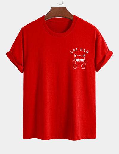 Regular Fit Cat Dad Wearing Glasses Print Cotton T-Shirt