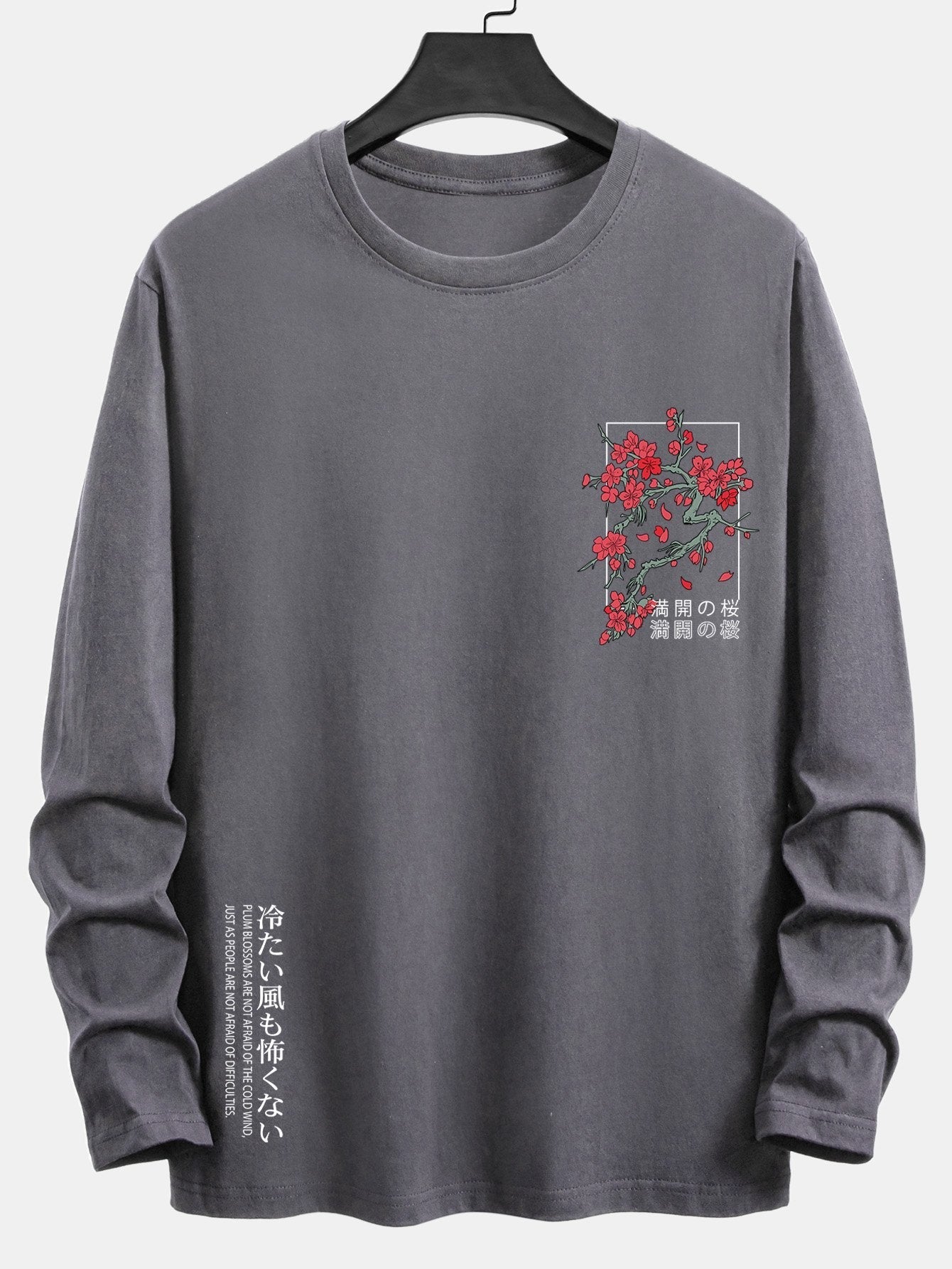 Long Sleeve Cherry Blossom Slogan Print Cotton T-Shirt
