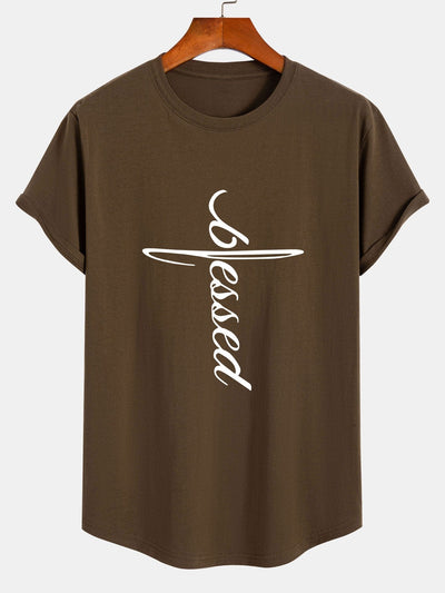 Blessed Word Print Cotton Arc Hem T-Shirt