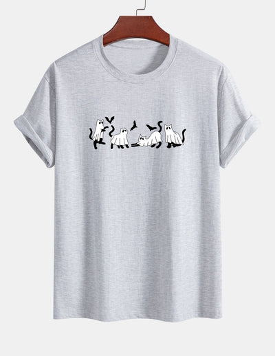 Regular Fit Black Cat Ghost Print Cotton T-Shirt