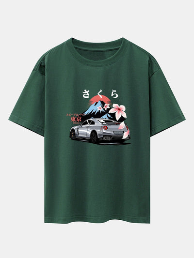 Tokyo Cherry Blossoms Car Print Drop Shoulder Oversize T-Shirt