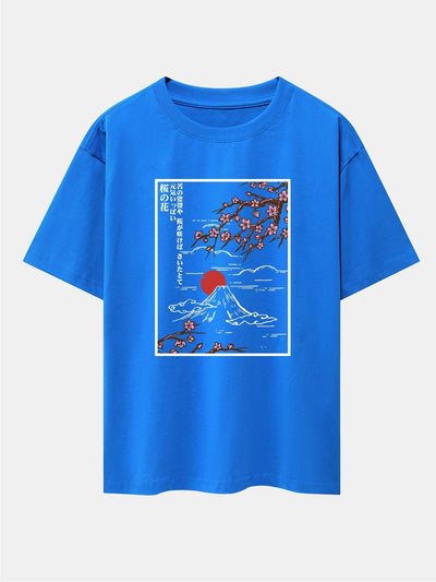 Cherry Blossoms Mountain Print Drop Shoulder Oversize T-Shirt