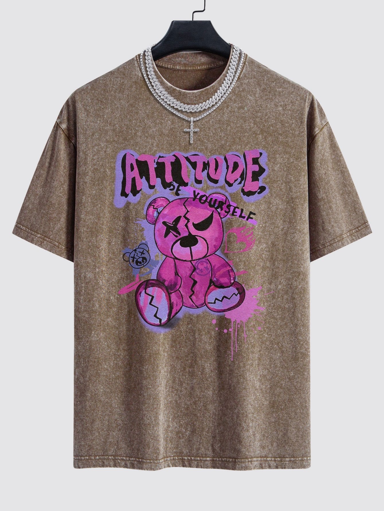 Slogan Violent Bear Print Washed Drop Shoulder Oversize T-Shirt