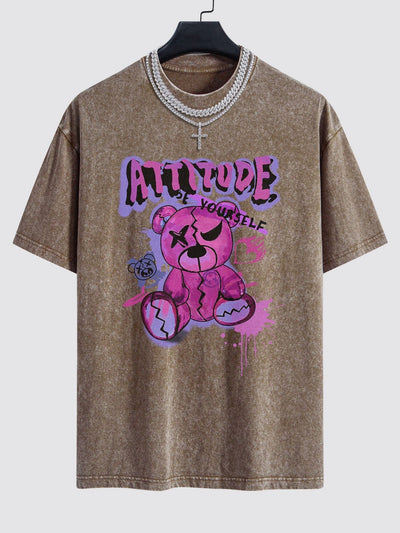 Slogan Violent Bear Print Washed Drop Shoulder Oversize T-Shirt