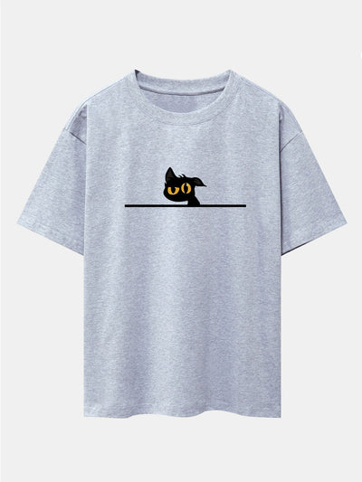 Black Cat In Doubt Print Drop Shoulder Oversize T-Shirt