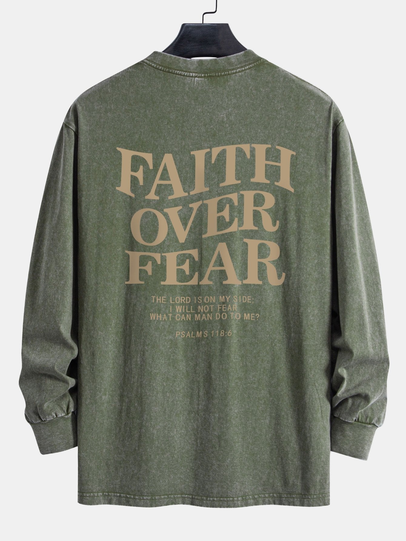 Faith Over Fear Print Relax Fit Long Sleeve Washed Distressed T-Shirt