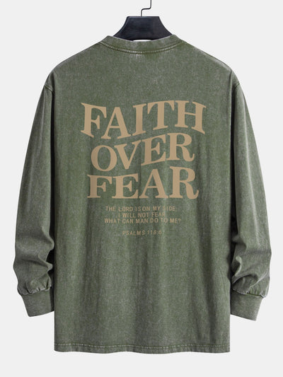Faith Over Fear Print Relax Fit Long Sleeve Washed Distressed T-Shirt